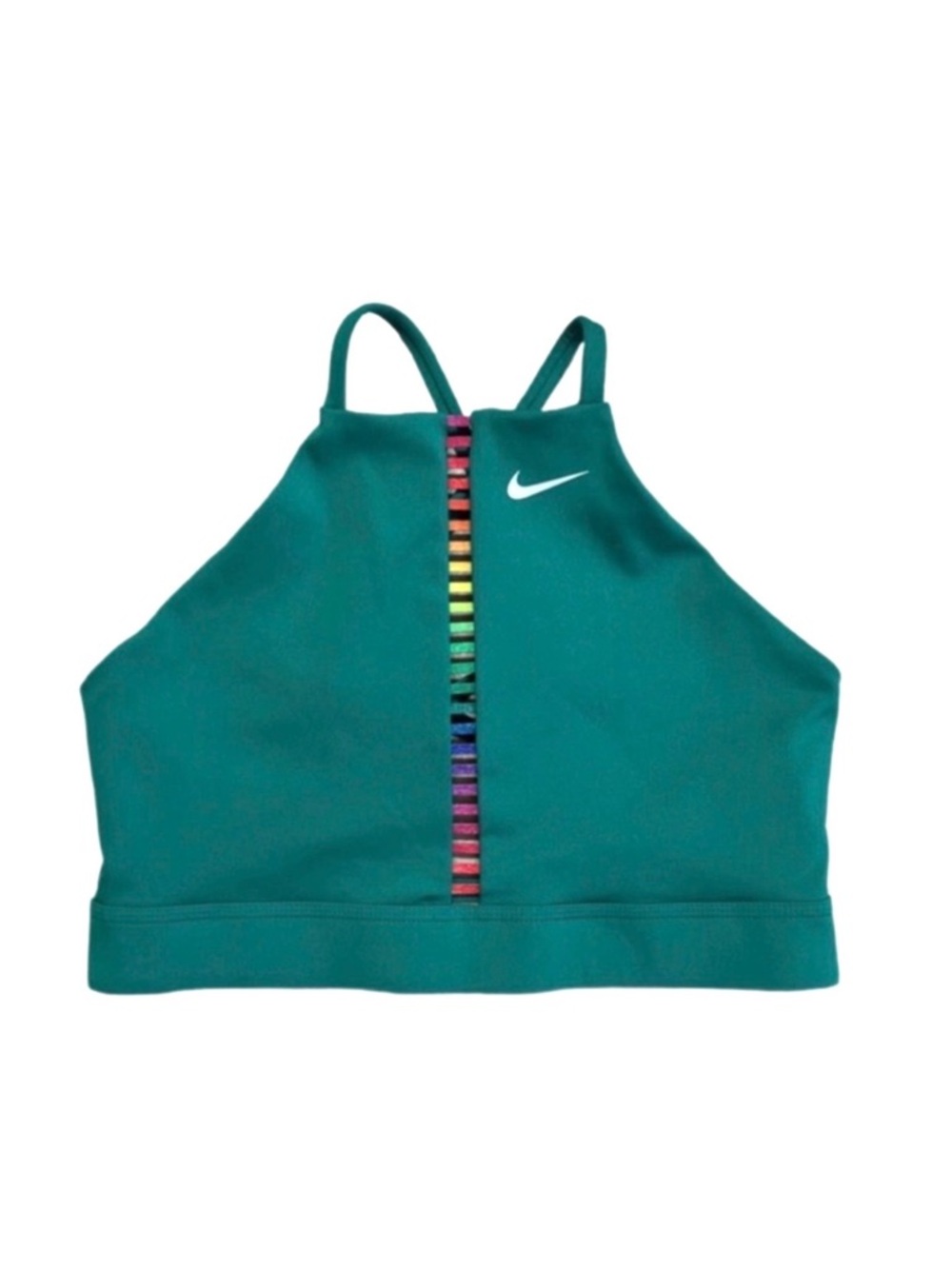 NIKE ~ Green Sports Bra with Multicolor Stripe and Crisscross Back size L